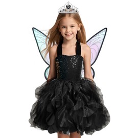 Soyoekbt Fairy Costume for Girls Princess Tutu Dress with Butterfly Wings for Girls Birthday Party Dress Up (Black, 5-6 Years)