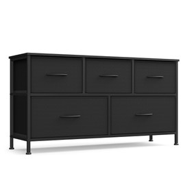 SONGMICS Dresser for Bedroom, Chest of Drawers, TV Stand, Steel, MDF, 5 Non-Woven Fabric Drawers, Storage Organizer Unit, Closet, Entryway, Ink Black and Ebony Black ULGS322B01S