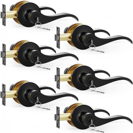 AmzGod 6 Pack Entry Black Door Handle with Lock and Key, Keyed Different Door Levers Interior Exterior Handle Lock, Reversible Front Entrance for Bedroom Wave Style Lever Handles