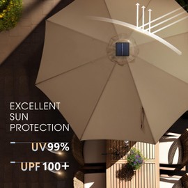 wikiwiki 11ft Solar Led Patio Umbrella, Sturdy Outdoor Market Umbrella for Deck, Pool, Garden w/Tilt, Crank, 32 LED Lights, Tan