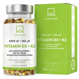 AAVALABS Vitamin D3 K2 hochdosiert mit nativem Olivenöl - Vitamin D hochdosiert 2000 IE + Vitamin K2 MK7 100μg - Sonnenvitamine Vitamin D K2 GMO-, gluten- und laktosefrei 180 Vitamin D3 K2 Kapseln hochdosiert