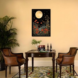 Dytila Framed Vintage Moon Wall Art, Celestial Star Pictures Wall Decor Mystical Paintings Yellow Wildflower Field Canvas Prints Witchy Gothic Artwork for Living Room Bedroom Hallway 16x24 in