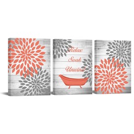 OuElegent Dahlia Canvas Wall Art Coral Gray Flower with Rustic Wood Background Painting Pictures Vintage Bathtub Relax Soak Unwind Inspiring Prints Artwork for Bathroom Decor 12"x16"x3 Panels