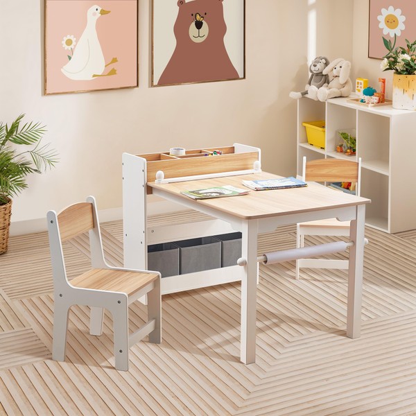 LuxenHome Children Activity Play Table with Bookcase and 2 Chairs