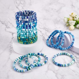 Ornaland 21 Pcs Heishi Surfer Bracelets Set Polymer Clay Heishi Beads Stretch Bracelets Multi-Layer Stackable Friendship Bracelets Bohemia Summer Beach Jewelry for Women, Deep Sky Blue