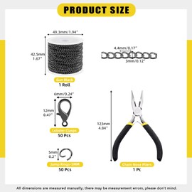 Mardatt 102Pcs Jewelry Making Chains Kit, 10 Yards Necklace Chains, 50Pcs Open Jump Rings, 50Pcs Lobster Clasps, Chain Nose Pliers for DIY Jewelry Making (Gun Black)