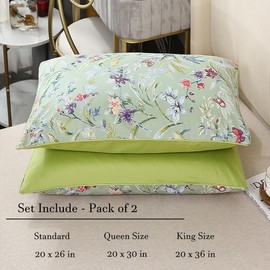 WINLIFE 100% Cotton Pillowcases King Size Sage Green Garden Floral & Butterflies Printed Pillow Cover 2 Pack, Soft Smooth Cool Envelope Closure Pillow Case Set (King, 20"x36")