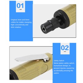 Pyhodi Air Die Grinder Tool with Robust Steel Core, Lightweight and Compact, Dual Collets (3mm, 6mm) for Polishing, Grinding, Shaping, Working Pressure 0.5-0.7Mpa, Air Inlet 1/4in PT