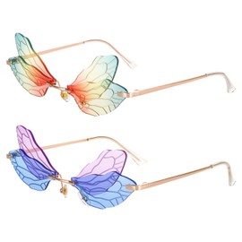 FANTESI Pack of 2 Rimless Sunglasses Dragonfly Sunglasses Women Butterfly Personality Party Fashion Accessories for Women Girls, colourful