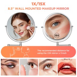Wall Mounted Makeup Mirror - 8.5in Double Sided Makeup Mirror with Extended Arm,1X/15X Magnifying Mirror for Makeup or Shaving - Chrome, No Lights