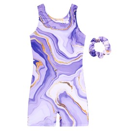 JESKIDS Leotards for Girls Gymnastics with Shorts Dance Biketards Tumbling Matching Hair Scrunchie Purple Milky Way 12-13 Years