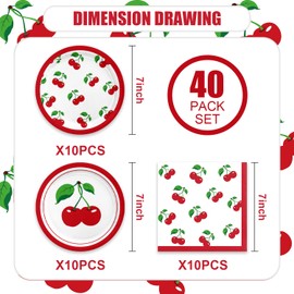 40Pcs Cherry Birthday Decorations Red and White Birthday Plates and Napkins Party Supplies Serve 20 Cherry Themed Party Decorations for Bridal Baby Shower Wedding Decor