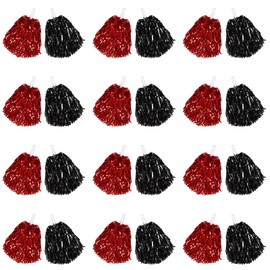 24 Pcs Cheerleading Pom Poms, Metallic Foil Handle Cheer Squad Team Spirited Fun Pom Poms for Party, Sports Dance Cheer, 30 Grams Weight Each (Red, Black)