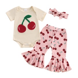 LESOBABE Baby Girl Summer Outfits Cherry/Strawberry Print Short Sleeve Romper Flare Pants and Bow Headband Set (Cherry, 9-12 Months)