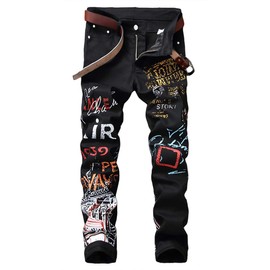 Enrica Men's Casual Color Printed Jeans Skinny Black Denim Pants (Black&Air, 40)