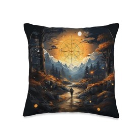 Compass Hiking Merch Compass Hiking Illustration Black Background Graphic Throw Pillow, 16x16, Multicolor