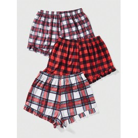 WDIRARA Women's Soft 3 Piece Plaid Pajama Shorts Elastic Waist Sleeping Shorts Multicolor Red Large