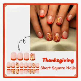 French Tip Press On Nails Short Square Fake Nails Fall False Nails With Leaf Design Nude Acrylic Nails Full Cover Artificial Glossy Glue On Nail Thanksgiving Stick On Nail For Women Manicure 24pcs