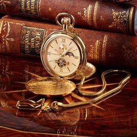 Wesseldon Esprit du Temps Automatic Pocket Watch - Gold Metal, Spring Cover, Mineral Glass, 24 Hour/Day Night Display, Hour Indices, Fluorescent Hands, gold, classic" or "traditional