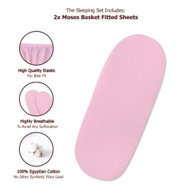 Hajran Linen – 100% Pure Cotton Pack of 2 Moses Basket Fitted Sheets | High Thread Count Fabric, Soft & Durable (Pink, 73-76 x 28-30 cm)