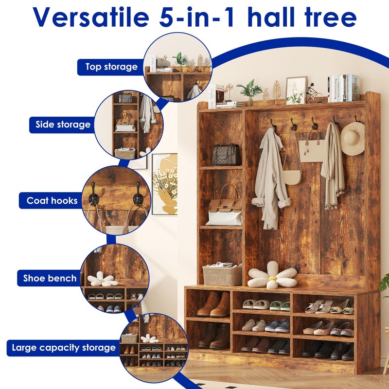 Nosepen Hall Tree with Bench and Shoe Storage, 5-in-1 Entryway