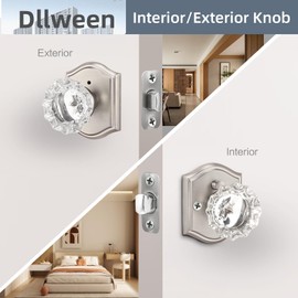 Dllween Glass Door Knob, Crystal Door Knob Interior with Lock, Privacy Brushed Nickel Door Knob for Bathroom Bedroom, Satin Nickel