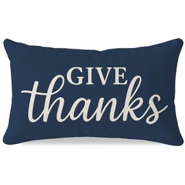 Decorative Throw Pillow Cover 12x20 Inch Give Thanks, Navy Blue