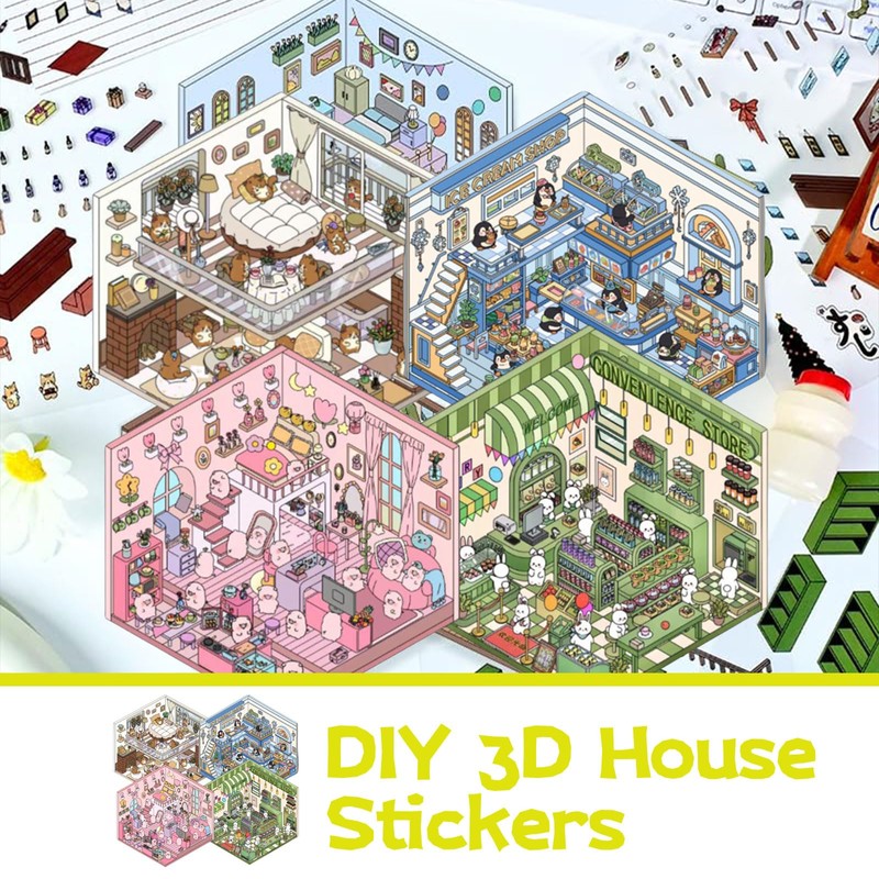 Cosmeria 4 Sets DIY 3D House Sticker Set Type B,