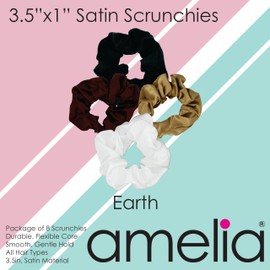 Amelia Beauty Products 8 Pack, Earth Colors Satin Scrunchies, 3.5 Inch Diameter, Gentle on Hair, No Snag, Durable Hold, Black, Tan and Brown – Ideal for All Hair Types
