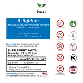 Foods For Gut Bifidobacterium Bifidum Probiotic Powder 100 Billion cfu's | Made in USA | No Additives | Digestive & Immune Support | High Potency | B. Bifidum | 100 Grams (3.52 Oz)