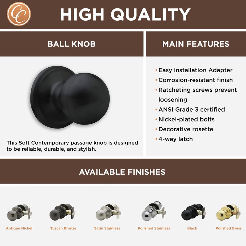 Copper Creek BK2020BC Ball Door Knob, Passage Function, 1 Pack,