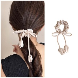Vacaonio French Ribbon Flower Hair Scrunchies Satin Silky Elastic Hair Tie White Tulip Flower Hair Rope Band Ponytail Holder Scrunchies Rope Decorative Hair Accessories for Women and Girls Headdress