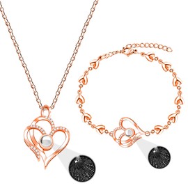 Uloveido 100 Languages I Love You Projection Heart Chain Bracelet and Necklace Set - Stainless Steel Double Heart Necklace Bracelet Jewelry Set for Women Valentine's Day Birthday Gift Y4460,