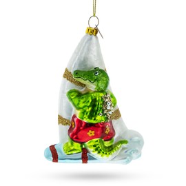 Whimsical Alligator Windsurfer Glass Christmas Ornament