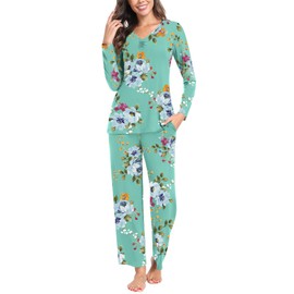 syoss Women's Pajama Sets Long Sleeve Sleepwear Soft Loungewear Ladies Pjs Sets Top and Pants with Pockets L, Mint Green