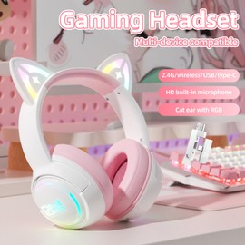 Wireless Cat Ear Headphones with RGB Lights – Tri-Mode Gaming Headset with Mic, 2.4G Wireless, Bluetooth & Wired, Over Ear, 50mm Drivers, Low Latency, Type-C, Long Playtime (Pink)