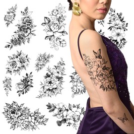 Half Arm Black Floral Temporary Tattoos for Adults - Long Lasting Realistic Tattoos for Women - Waterproof Large Flower and Rose Tattoos for Sleeve, Back, Legs