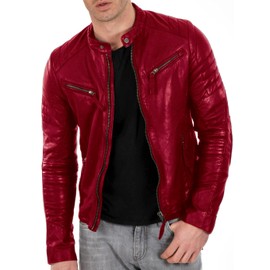 DECIMAL Men's Black & BROWN Genuine Lambskin Leather Biker Jacket VINTAGE REAL MOTORCYCLE JACKETS FOR MEN (L, RED)