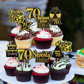 Keaziu 24 Pack Vintage 1954 Cupcake Toppers Happy 70th Cheers to 70 Cupcake Toppers Picks Seventy Hello Awesome since 1954 Cupcake Toppers 70 Years Happy Birthday Party Decoration 70 Gold