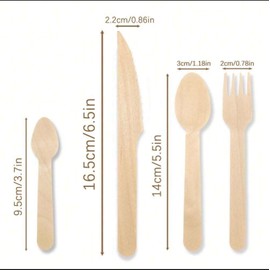 Paquete de 200 cubiertos Desechables de Madera - 200 Piezas: 50 Cuchillos, 50 Tenedores, 50 Cucharas y 50 Cucharas para café - Servicio para 50 personas. - Ecológicos. - Ideal para fiestas y eventos.