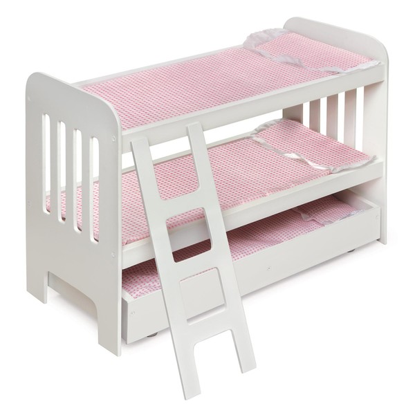 Badger Basket Toy Doll Bunk Bed with Trundle, Ladder, and Personalization Kit for 22 inch Dolls - White/Pink