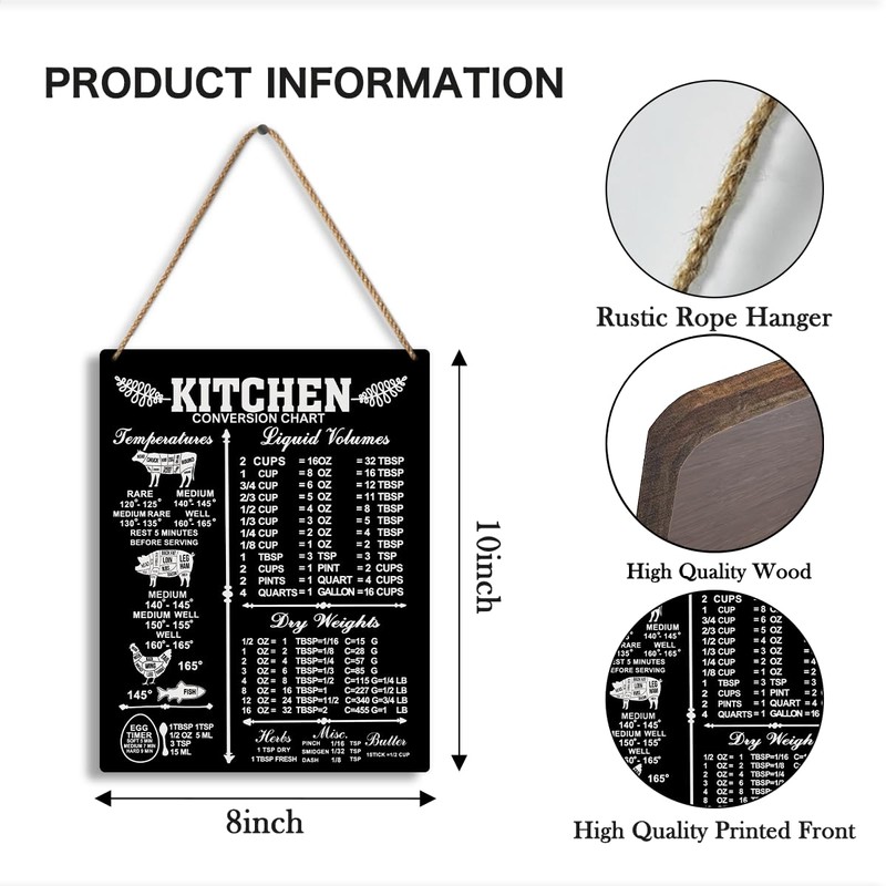 Practical Kitchen Measurement Conversions Chart Wooden Hanging Sign - Kitchen