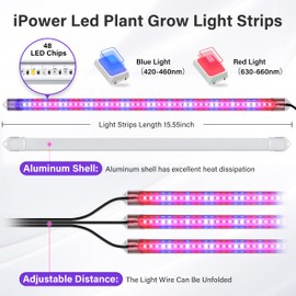 iPower 40W LED Plant Grow Light Strips Full Spectrum for Indoor Plants with Auto ON/Off 3/9/12H Timer, 10 Dimmable Levels 48 LEDs Per Tude, for Hydroponics Succulent, 3 Tubes, Red&Blue