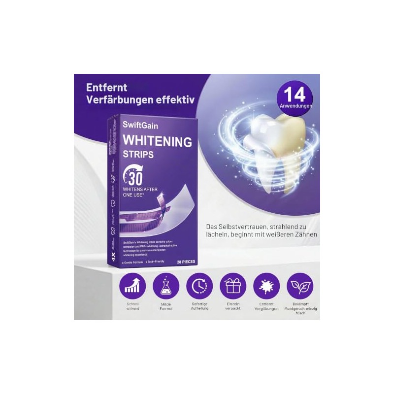 SwiftGain Teeth Whitening Strips for Sensitive Teeth - 14 Uses