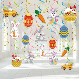 Easter Party Decorations - 30 Pcs Easter Hanging Swirl No DIY Easter Egg Bunny Carrot Baskets Ceiling Decorations for Home Office Classroom Easter Party Supplies