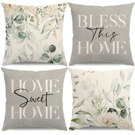 KISVODS Spring Pillow Covers 18x18 Grey Spring Summer Farmhouse Decorations Eucalyptus Leaves Throw Pillow Covers Home Sweet Home Cushion Case for Sofa Couch Set of 4