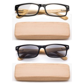 Real Bamboo Reading Glasses Spring Hinge Genuine Bamboo Rectangular Reader w/Case