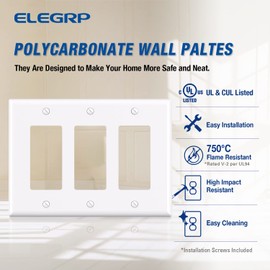 ELEGRP 3-Gang Decorative Wall Plates, Mid-Size 4.88" H x 6.75" L Unbreakable Thermoplastic Faceplate Cover for Decorator Receptacle Outlet Switch, UL Listed (1 Pack, Glossy White)