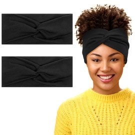 Vin Beauty 2 Pcs Turban Headbands for Women Black Thick Head Band Boho Stretchy Fashion Cute Extra Wide Large Headbands Fabric Knotted Cloth Twisted Headband Head Wraps for Womens Girls Yoga