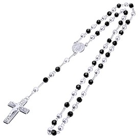 metaltree98 Rosary 6 mm Black Bead Gold and Silver Tone Guadalupe & Jesus Cross 28" Necklace HR 600 (SS/Black)